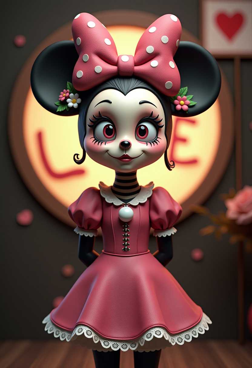 This image features a stylized and whimsical representation of a character that resembles Minnie Mouse, with a twist that gives it a gothic or sugar skull aesthetic. The character is wearing a pink dress with a fitted bodice and full, puffy sleeves, detailed with a white collar and a large, round, white pendant necklace. The dress has a scalloped hemline and is accented with lace cuffs and a matching lace trim on the bodice.The characters hands are clasped behind the character's back. The characters head is crowned with a large, red bow with white polka dots, which is reminiscent of Minnies iconic bow, but with a more dramatic and exaggerated form. The bow is tied in a bow at the back of the head and is embellished with small, white flowers and green leaves, adding a touch of nature to the otherwise gothic theme.The background is dark and moody, with a circular, glowing light that seems to emanate from behind the character, creating a halo effect. This light is surrounded by a blurred, heartshaped pattern, and there is a sign with the word LOVE in a bold, red font, with a heart symbol above the O.The art style is a blend of 3D modeling and digital painting, with a focus on textures and lighting that give the image a lifelike quality. The colors are primarily shades of pink, red, white, and black, with touches of green and gold, creating a cohesive and thematic color scheme.