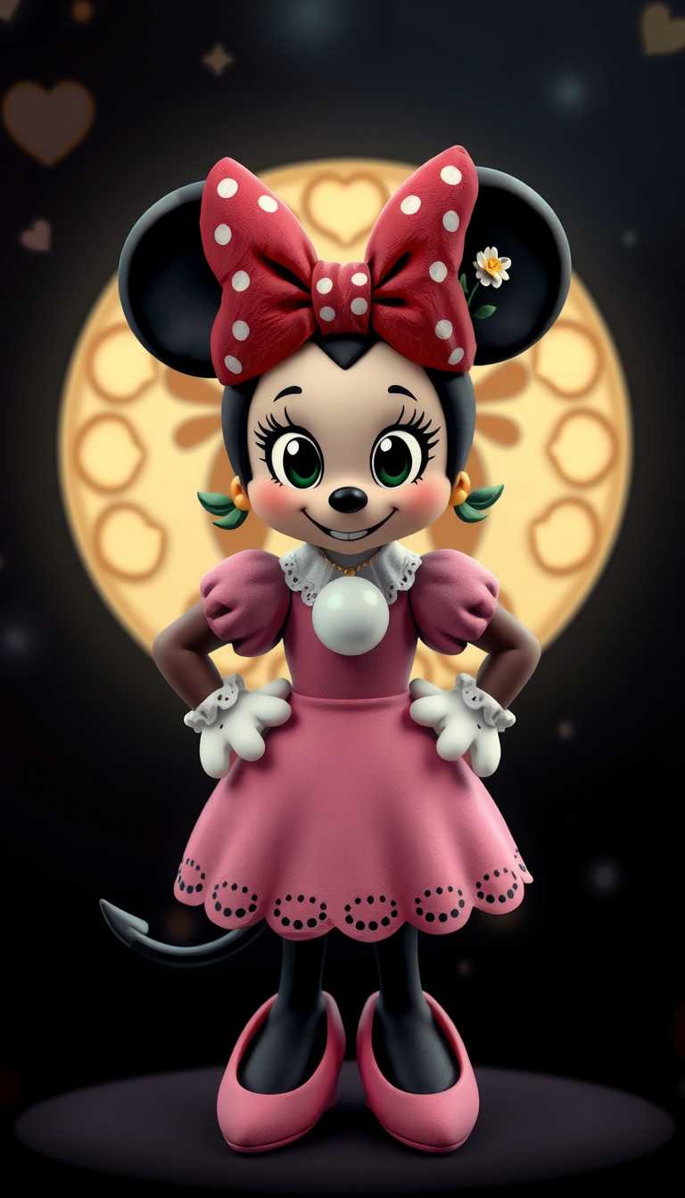 This image features a stylized and whimsical representation of a character that resembles Minnie Mouse, with a twist that gives it a gothic or sugar skull aesthetic. The character is wearing a pink dress with a fitted bodice and full, puffy sleeves, detailed with a white collar and a large, round, white pendant necklace. The dress has a scalloped hemline and is accented with lace cuffs and a matching lace trim on the bodice. Hands on hips. The characters head is crowned with a large, red bow with white polka dots, which is reminiscent of Minnies iconic bow, but with a more dramatic and exaggerated form. The bow is tied in a bow at the back of the head and is embellished with small, white flowers and green leaves, adding a touch of nature to the otherwise gothic theme.The background is dark and moody, with a circular, glowing light that seems to emanate from behind the character, creating a halo effect. This light is surrounded by a blurred, heartshaped pattern, and there is a sign with the word LOVE in a bold, red font, with a heart symbol above the O.The art style is a blend of 3D modeling and digital painting, with a focus on textures and lighting that give the image a lifelike quality. The colors are primarily shades of pink, red, white, and black, with touches of green and gold, creating a cohesive and thematic color scheme.