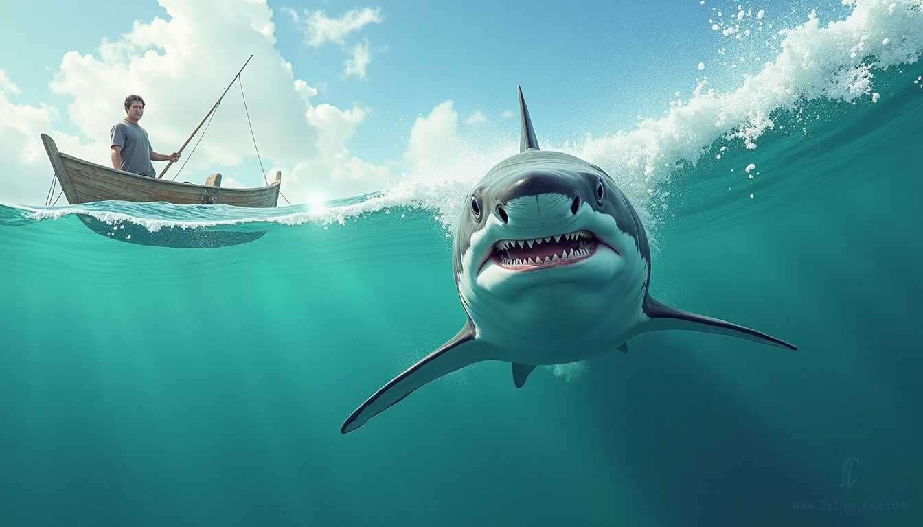Superfine fade color painterly. From near split surface side view. Bluish white calm waves. Clear-green-turquoise water with sunbeam reflections. One visible dark grey/white shark with red-white teeth,  visible under the surface waves. Wooden fishing boat with fisherman visible. Full shark front side view. xHDRi.