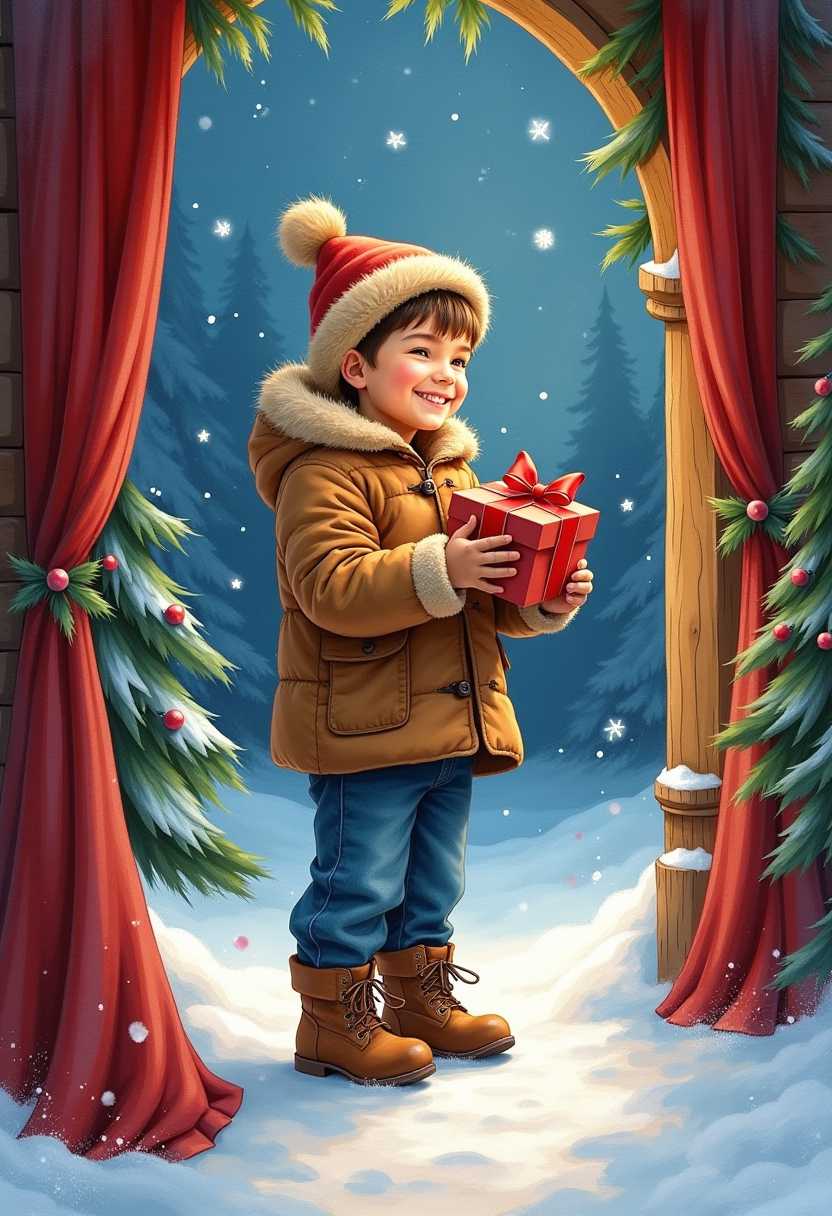 A happy little boy wearing jeans and a brown winter jacket and boots, in Santa's grotto receiving a gift, highly detailed watercolour and oil.
