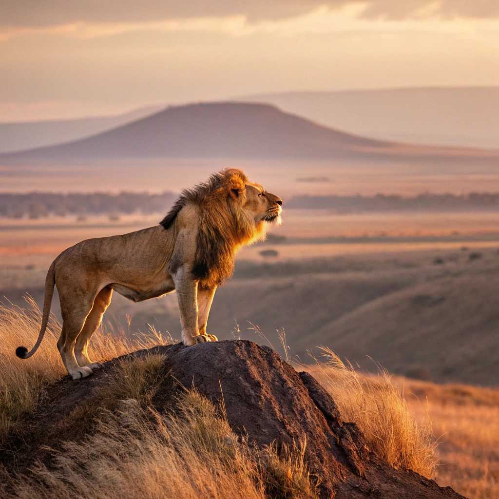 **Title**: Majestic Lion in the Wilderness  
**Description**: Capture the awe-inspiring scene of a lion standing proudly atop a small hill in the vast African savannah at dawn. The lion, with its majestic, golden mane flowing in the gentle breeze, gazes intently over the horizon, exuding a sense of regal dominance and respect. The first light of dawn bathes the landscape in hues of soft gold and pink, casting long shadows across the rugged terrain. The dewy grass sparkles under the diffused light, adding texture to the foreground. In the background, acacia trees silhouette against the slowly brightening sky, adding depth and interest to the scene. The composition should follow the rule of thirds, with the lion offset slightly to one side, creating balance with the expansive sky above. The mood is serene yet powerful, capturing the wild beauty and majestic solitude of the lion in its natural habitat. Use a realistic style with high detail in fur texture, and atmospheric lighting to convey the warmth and tranquility of an early morning in the wilderness.