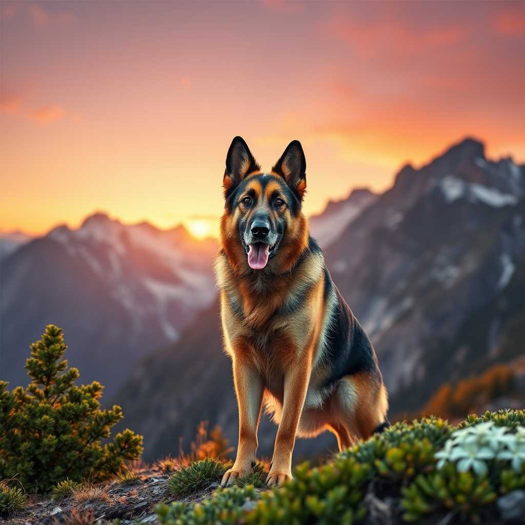 A majestic German Shepherd standing proudly against the backdrop of rugged, snow-capped mountains during the golden hour. The dog's fur glistens under the warm, soft light of the setting sun, highlighting its natural strength and grace. The sky is a gradient of amber and pink hues, adding a serene and awe-inspiring atmosphere. The foreground features a mix of green alpine flora and rocky terrain, adding texture and depth to the scene. Captured in a panoramic wide-angle shot, this image embodies the essence of natural beauty and adventure, reminiscent of a detailed wildlife painting or a high-resolution landscape photograph.