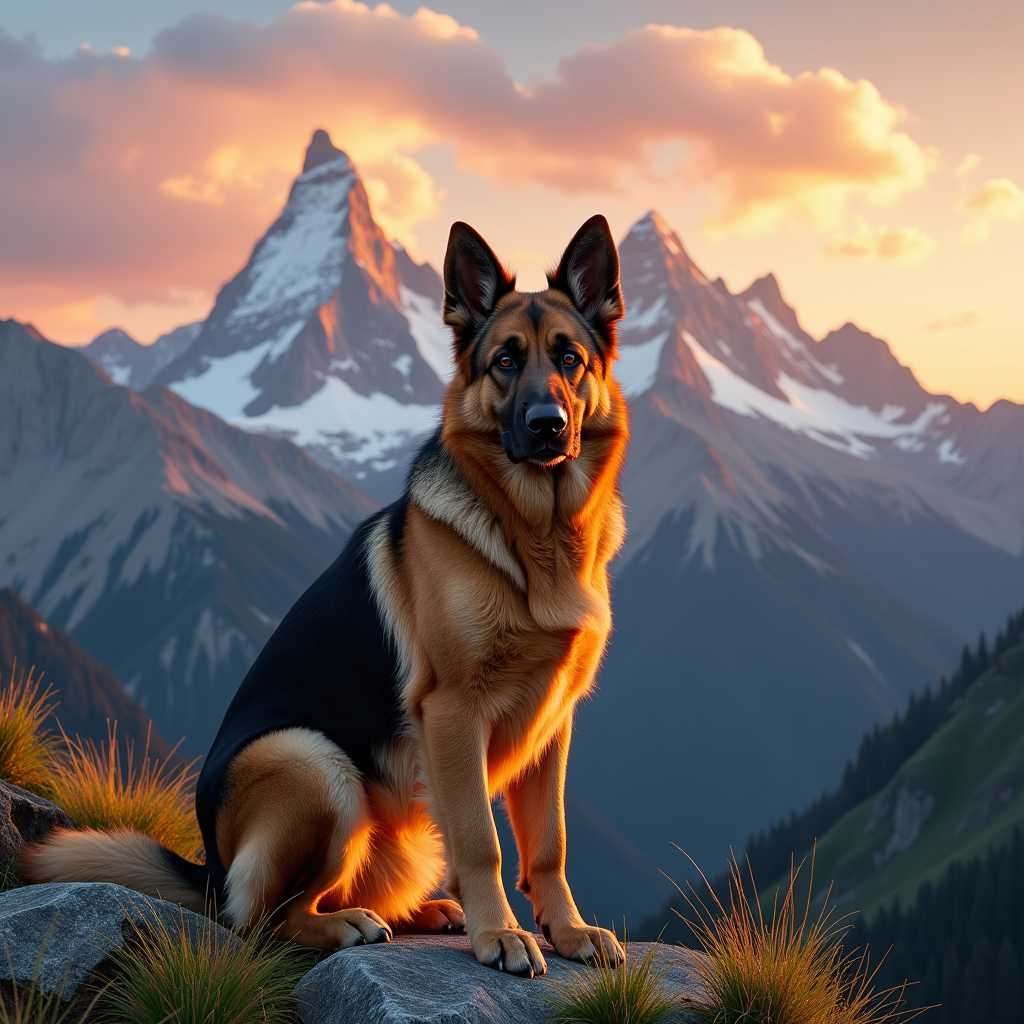 A majestic German Shepherd standing proudly against the backdrop of rugged, snow-capped mountains during the golden hour. The dog's fur glistens under the warm, soft light of the setting sun, highlighting its natural strength and grace. The sky is a gradient of amber and pink hues, adding a serene and awe-inspiring atmosphere. The foreground features a mix of green alpine flora and rocky terrain, adding texture and depth to the scene. Captured in a panoramic wide-angle shot, this image embodies the essence of natural beauty and adventure, reminiscent of a detailed wildlife painting or a high-resolution landscape photograph.