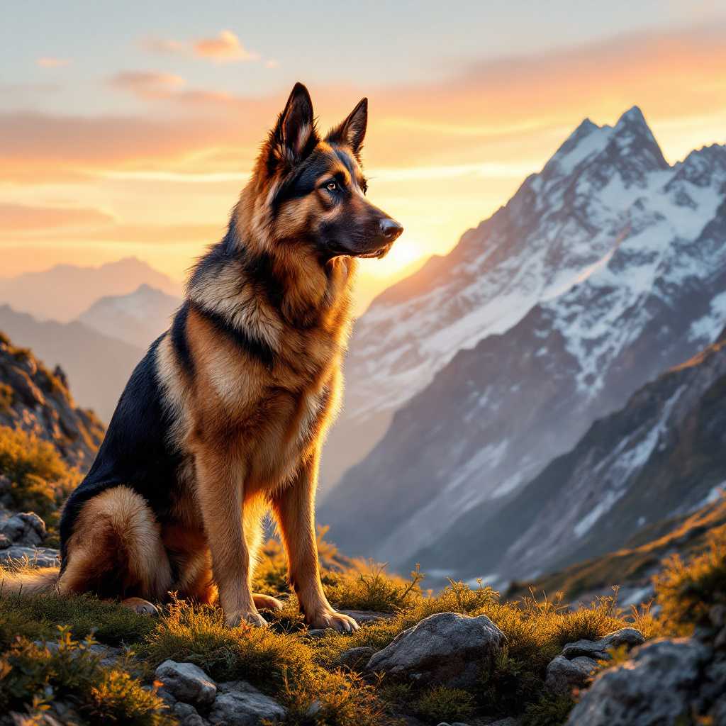 TOKALEMAP, A majestic German Shepherd standing proudly against the backdrop of rugged, snow-capped mountains during the golden hour. The dog's fur glistens under the warm, soft light of the setting sun, highlighting its natural strength and grace. The sky is a gradient of amber and pink hues, adding a serene and awe-inspiring atmosphere. The foreground features a mix of green alpine flora and rocky terrain, adding texture and depth to the scene. Captured in a panoramic wide-angle shot, this image embodies the essence of natural beauty and adventure, reminiscent of a detailed wildlife painting or a high-resolution landscape photograph.