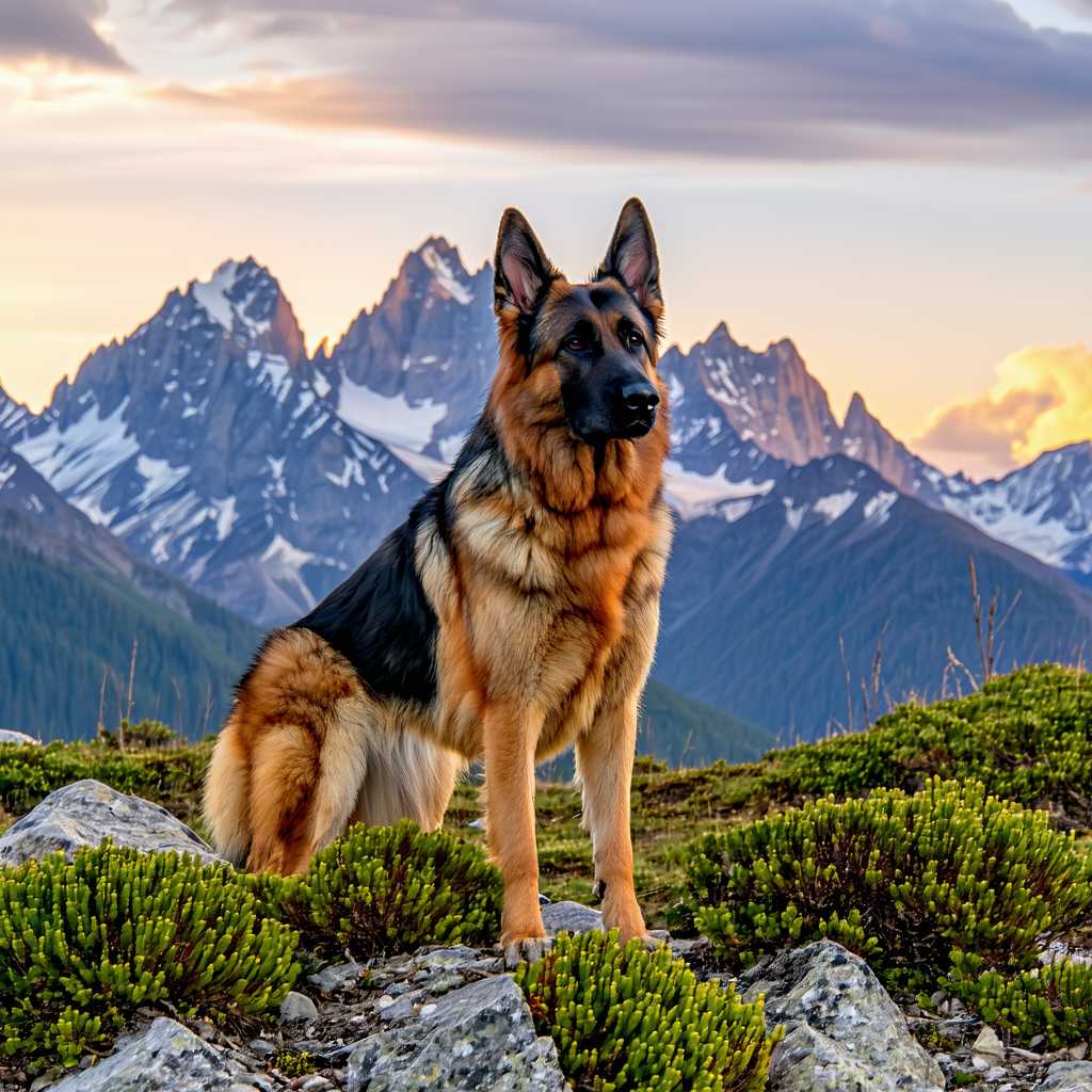A majestic German Shepherd standing proudly against the backdrop of rugged, snow-capped mountains during the golden hour. The dog's fur glistens under the warm, soft light of the setting sun, highlighting its natural strength and grace. The sky is a gradient of amber and pink hues, adding a serene and awe-inspiring atmosphere. The foreground features a mix of green alpine flora and rocky terrain, adding texture and depth to the scene. Captured in a panoramic wide-angle shot, this image embodies the essence of natural beauty and adventure, reminiscent of a detailed wildlife painting or a high-resolution landscape photograph.