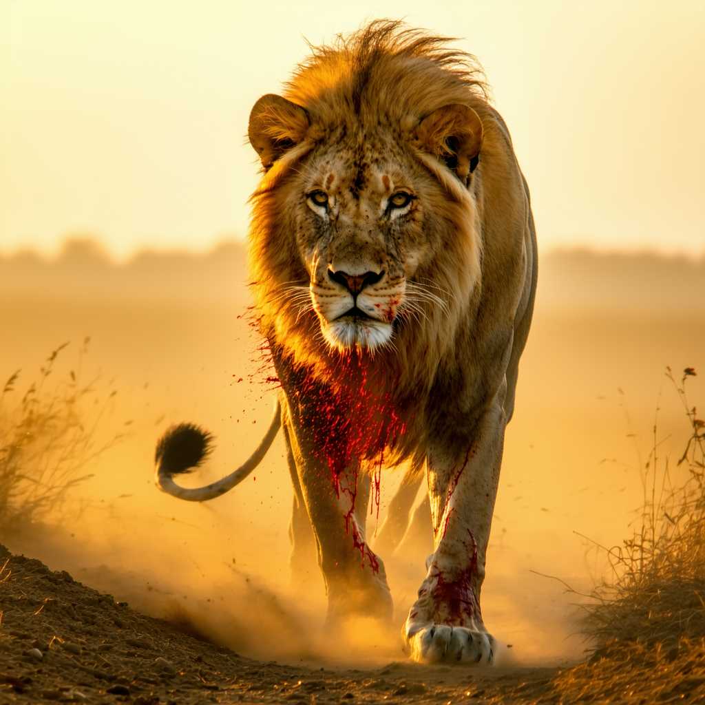 Lion in the Wild Majestic Lion Walking Through Dusty Plains with Blood on Its Mouth