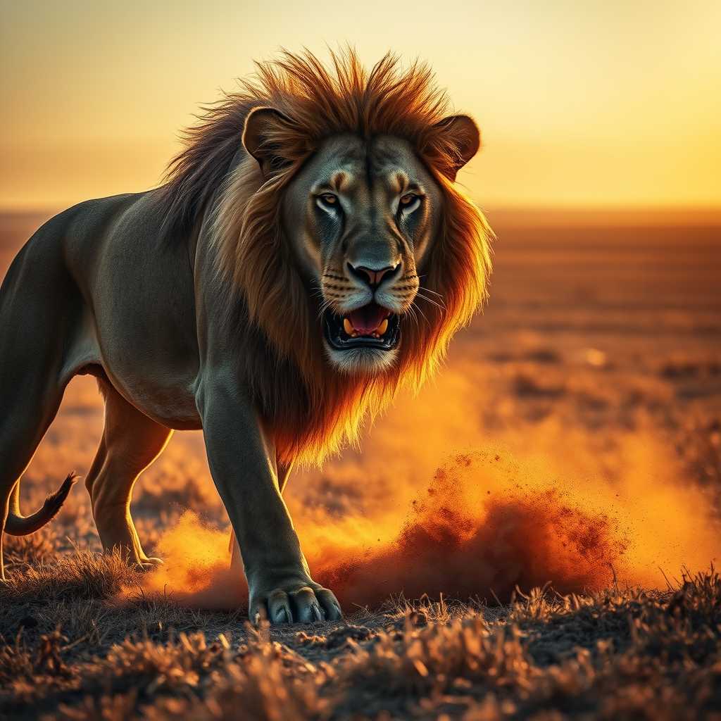 A majestic lion stands in the wild savanna, its golden mane glistening under the soft golden hour sunlight. The lion's powerful body is accented by fresh battle scars, creating a raw and primal image. The creature's mouth is stained with the deep crimson of fresh blood, a visceral testament to its recent hunt. Dust swirls gently around the lion's massive paws, adding texture to the dry grassland terrain. Surrounding the lion, the vast open plains stretch into a horizon of fading light, casting an ethereal glow that blends seamlessly with the warm, muted colors of the savanna. The scene is captured from a low-angle shot, offering an intimate, ground-level view that emphasizes the lion's dominance and proud stature. The atmosphere is charged with a sense of wild beauty and the relentless cycle of nature, evoking a mood of awe and reverence. The composition is rich in detail, with a focus on the contrasting textures of the lion's fur, the slick sheen of blood, and the rugged landscape.