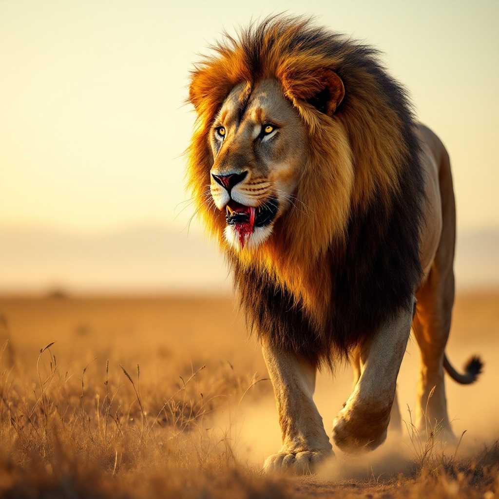A majestic lion stands in the wild savanna, its golden mane glistening under the soft golden hour sunlight. The lion's powerful body is accented by fresh battle scars, creating a raw and primal image. The creature's mouth is stained with the deep crimson of fresh blood, a visceral testament to its recent hunt. Dust swirls gently around the lion's massive paws, adding texture to the dry grassland terrain. Surrounding the lion, the vast open plains stretch into a horizon of fading light, casting an ethereal glow that blends seamlessly with the warm, muted colors of the savanna. The scene is captured from a low-angle shot, offering an intimate, ground-level view that emphasizes the lion's dominance and proud stature. The atmosphere is charged with a sense of wild beauty and the relentless cycle of nature, evoking a mood of awe and reverence. The composition is rich in detail, with a focus on the contrasting textures of the lion's fur, the slick sheen of blood, and the rugged landscape.