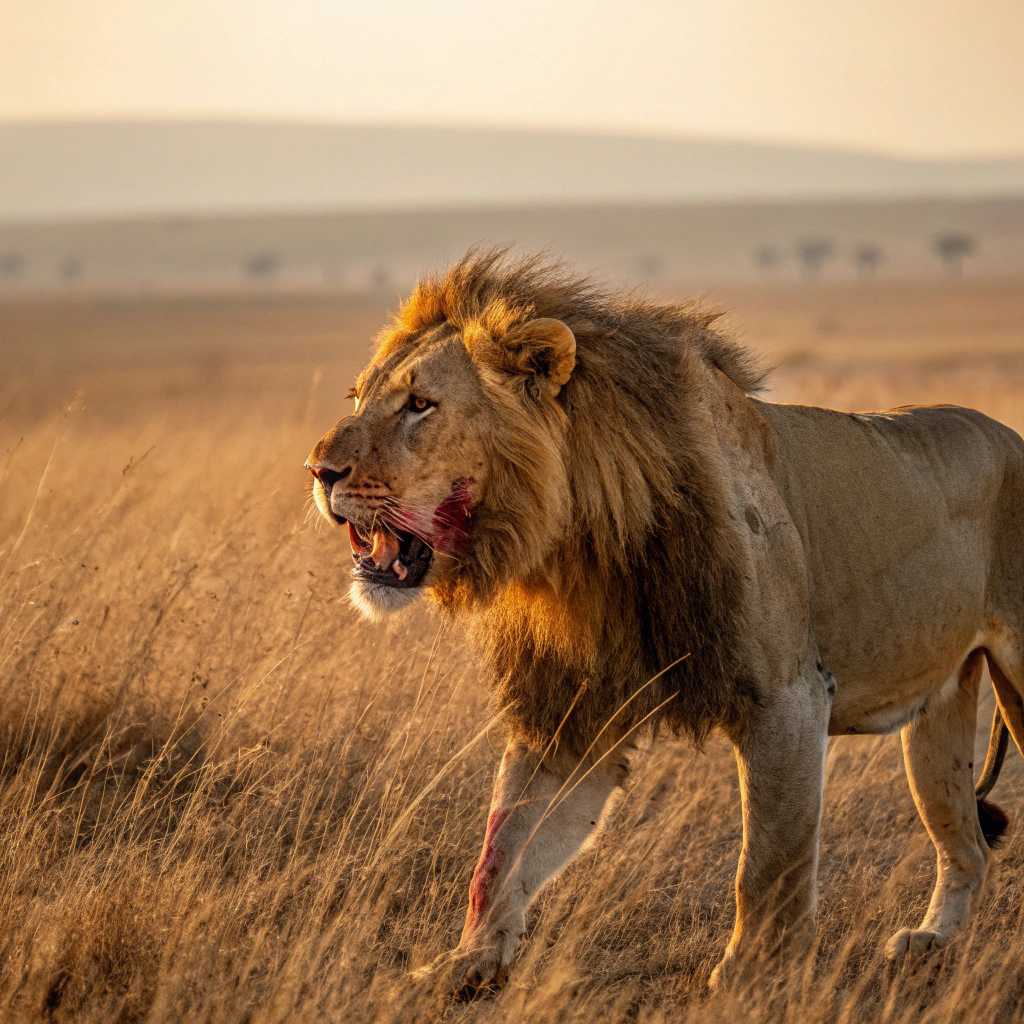 A majestic lion stands in the wild savanna, its golden mane glistening under the soft golden hour sunlight. The lion's powerful body is accented by fresh battle scars, creating a raw and primal image. The creature's mouth is stained with the deep crimson of fresh blood, a visceral testament to its recent hunt. Dust swirls gently around the lion's massive paws, adding texture to the dry grassland terrain. Surrounding the lion, the vast open plains stretch into a horizon of fading light, casting an ethereal glow that blends seamlessly with the warm, muted colors of the savanna. The scene is captured from a low-angle shot, offering an intimate, ground-level view that emphasizes the lion's dominance and proud stature. The atmosphere is charged with a sense of wild beauty and the relentless cycle of nature, evoking a mood of awe and reverence. The composition is rich in detail, with a focus on the contrasting textures of the lion's fur, the slick sheen of blood, and the rugged landscape.