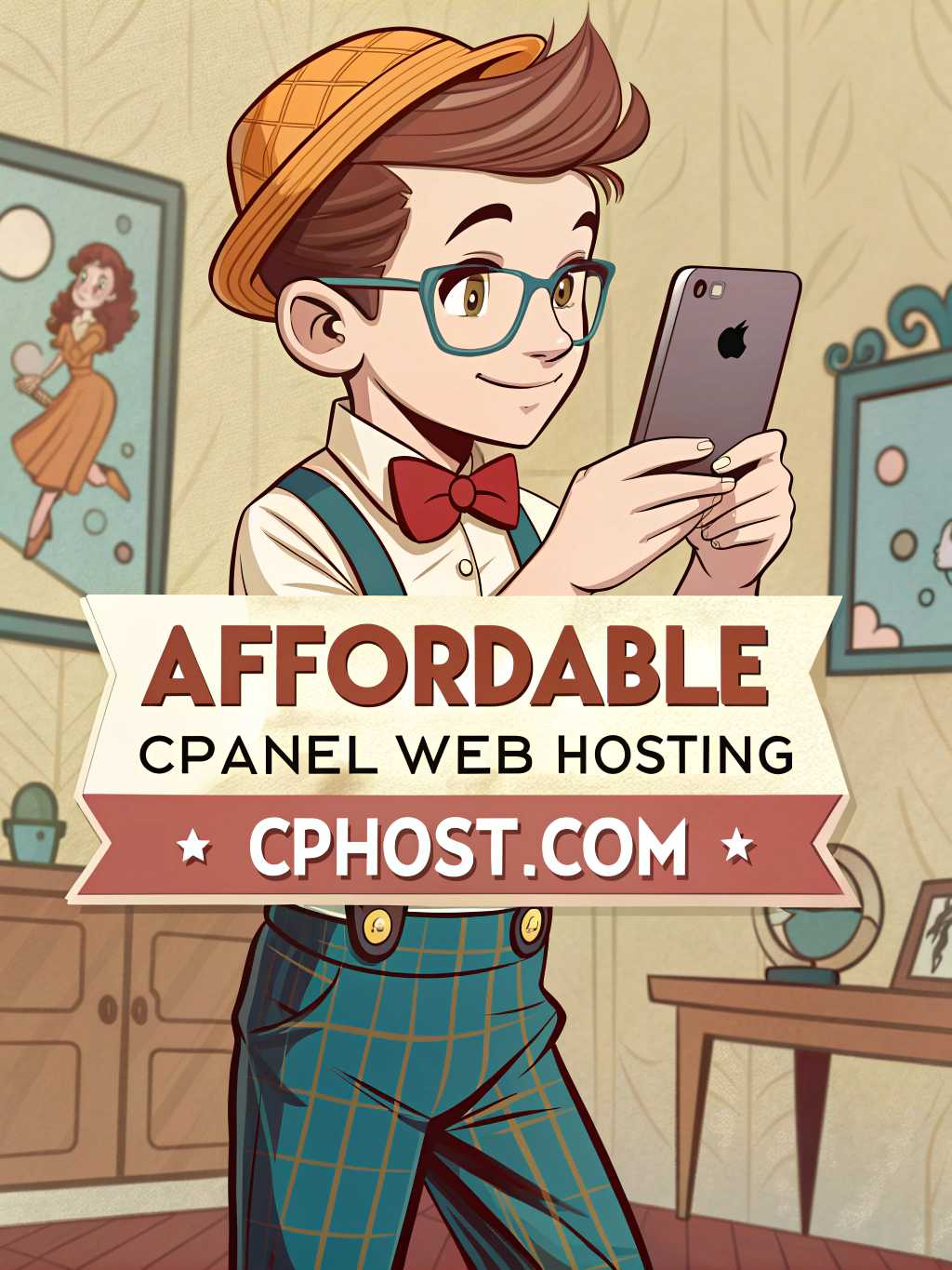 A photo of a 50's retro geek boy with "iPhone" in his hand, saying the words "Affordable cPanel Web Hosting - CPHOST.COM" consistent clean bold font bright and colorful image