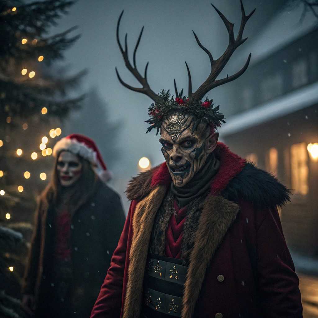 oddly terrifying demon Christmas Characters, Moose Antlers, Cinematic horror Photography by Clive Barker, Hellraiser 