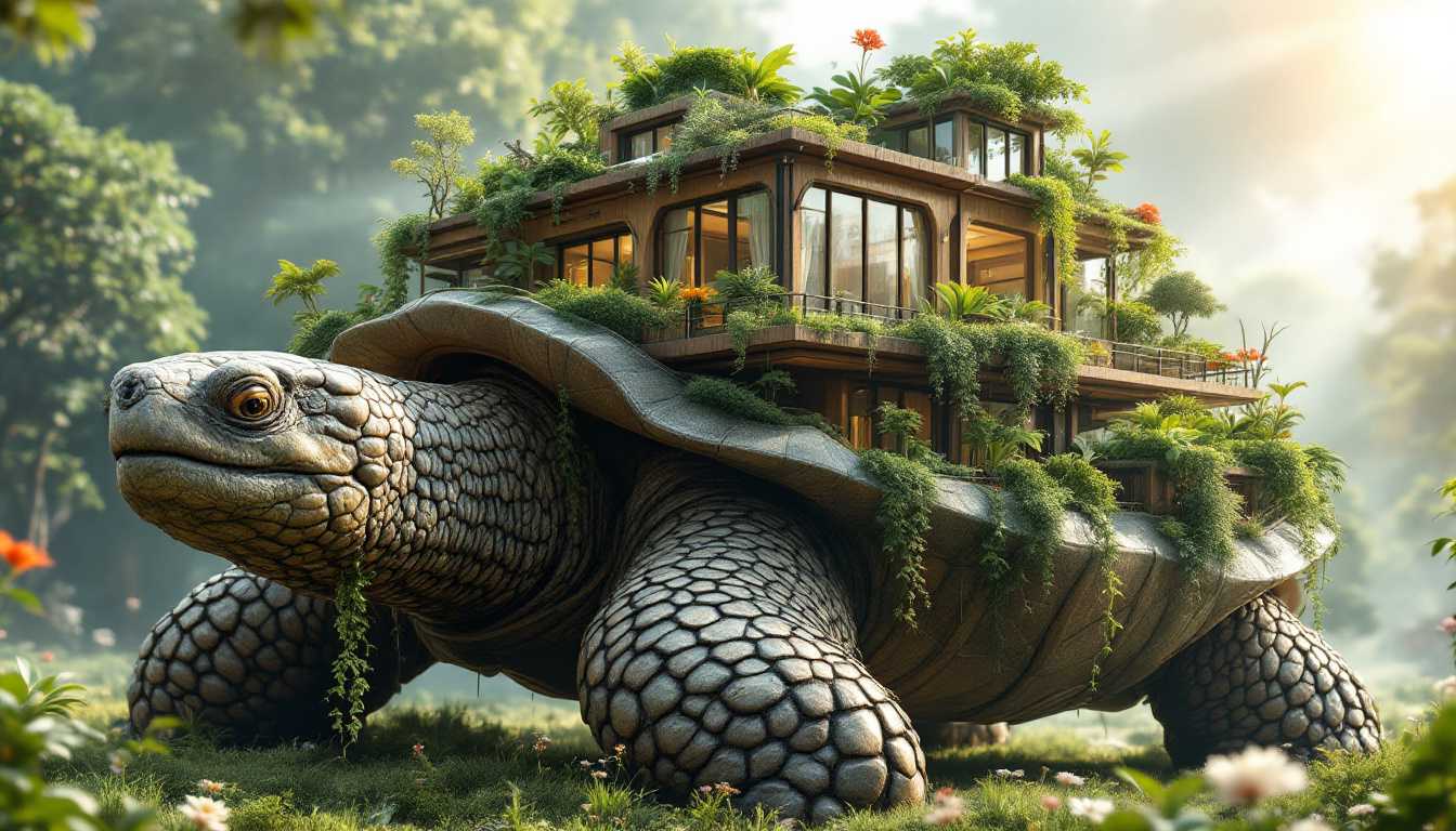 A photograph of a large, elegant solarpunk house built on the back of a giant tortoise. The house is detailed and sophisticated, with terraces and rooftop gardens adorned with lush plants and flowers. The tortoise has realistic textures and a calm, wise expression, with intricate scales and a grand presence. The house has elements of sustainable architecture, blending harmoniously with nature, featuring glass windows, wooden accents, and greenery flowing down. Sunlight filters through, illuminating the turtle and the house. The scene is enchanting, set in a natural environment, combining fantasy and realism seamlessly.