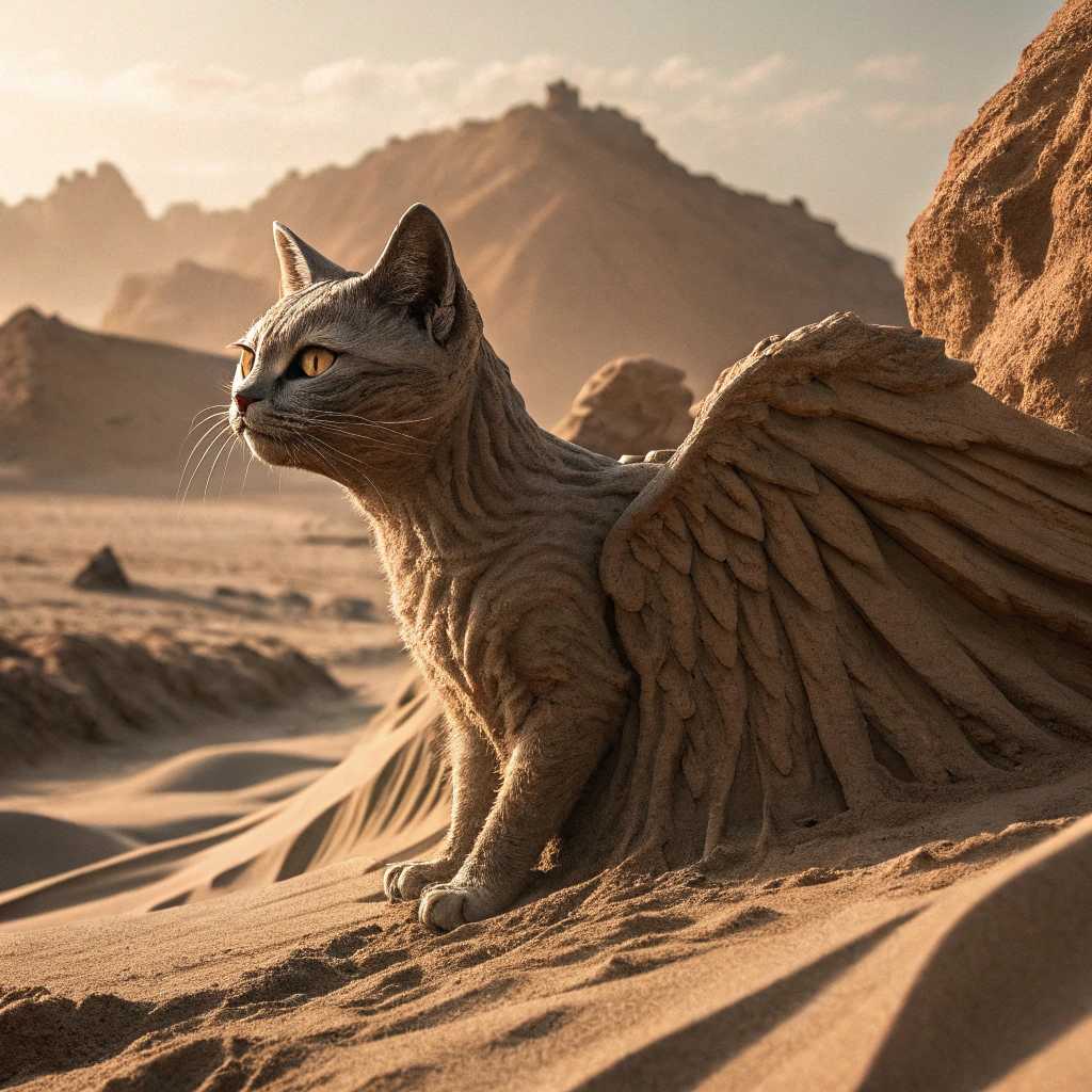 A mesmerizing dark fantasy photo of a half-cat, half-sand creature in a desert setting. The creature's body is made of sand and flows like liquid, seamlessly blending with the shifting desert grains. It has a rocky terrain and a solid body. The creature's eyes gleam like polished stones, reflecting the eerie light of the moon. Its wing-like structures, resembling delicate dunes, morph and change shape with the gentle breeze. The overall atmosphere is cinematic, with a mysterious and enchanting aura that draws the viewer in.