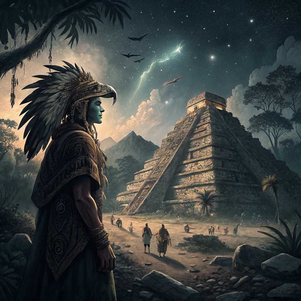 almost completely destroyed pyramids depicted in very dark japanese ink painting technique "sumi e" style image of Mexican Maya Priest at almost completely destroyed pyramids having an eagle face mask at dark night with sparse ilumination in the first image plane while second plane features maya indians playing ancient ball game in almost completely destroyed pyramids in a dark night without moon and in the background plane there is the djungle of yucatan and stars in the sky