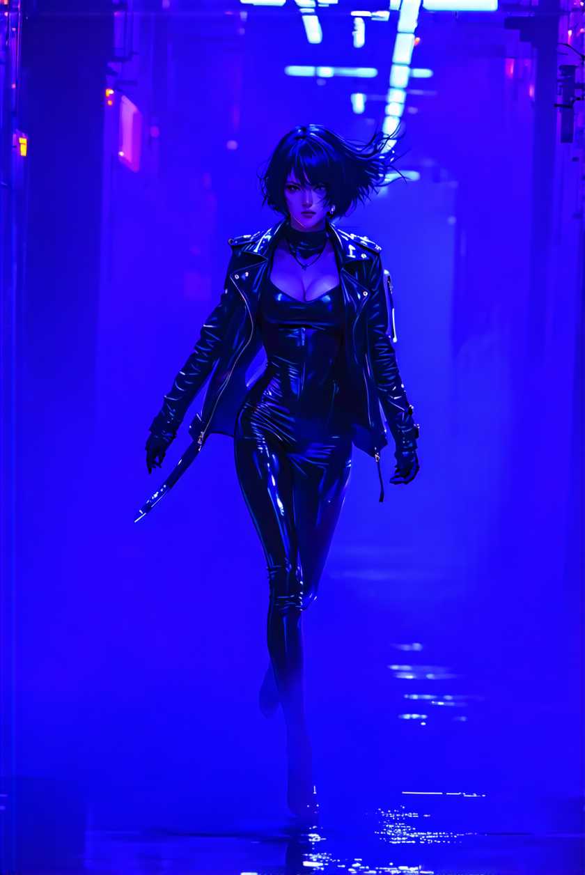 **Motoko Kusanagi in a Dynamic Action Scene**

Description: A striking image of Motoko Kusanagi in a sleek, form-fitting black leather outfit, embodying sophistication and strength. Her dynamic pose captures the essence of agility and power, as she leaps through the air with precision. The leather texture should be smooth and reflective, accentuating the contours of her athletic form.

**Visual Details**: Highlight the gleam of her leather ensemble against a backdrop of neon-lit cityscape, blending high-tech futurism with gritty realism. Her short, sharp blue-black hair should be windswept, adding to the sense of motion. The scene is bathed in cool blues and purples from the city lights, creating sharp contrasts and casting dramatic shadows.

**Style**: Cyberpunk aesthetic with a hyper-realistic art style. The image should incorporate elements reminiscent of futuristic anime, with highly detailed features and a polished, cinematic look.

**Composition**: Position Motoko centrally, captured mid-action with a dynamic camera angle, possibly from below to emphasize her commanding presence. The background should be slightly blurred to enhance the focus on her, suggesting speed and movement.

**Mood and Atmosphere**: Convey a tense, exhilarating atmosphere of high-stakes action. The time is night