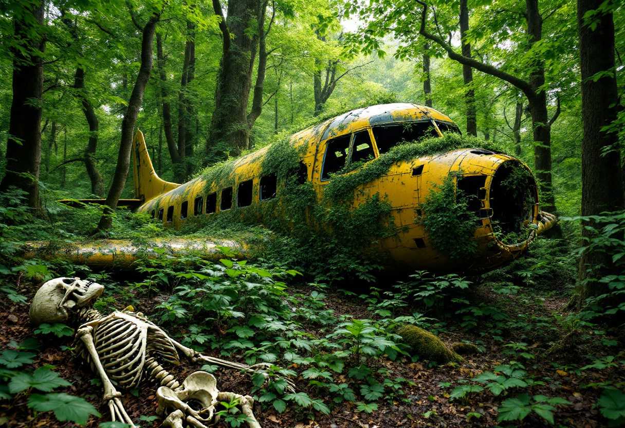 Image shows an abandoned yellow plane in the middle of a dense forest. The fuselage is visibly worn and covered in vegetation, suggesting it's been there for a long time. The surrounding environment is green, with tall trees and dense leaves, creating an atmosphere of mystery and abandonment. Next to the airplane a skeleton lies on the ground, the skeleton is old, broken covered in moss. The light through the trees adds a dramatic touch to the scene.