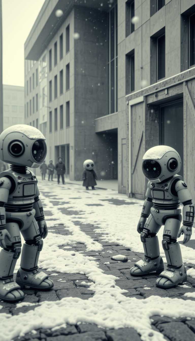 This 3d rendered image features simplified 3d robots and scenery that appears to be painted wooden figures. Monolitic concrete and zig-zag-glass made architecture, some people, dirty, brutalist at the street, brutalism, snow storm