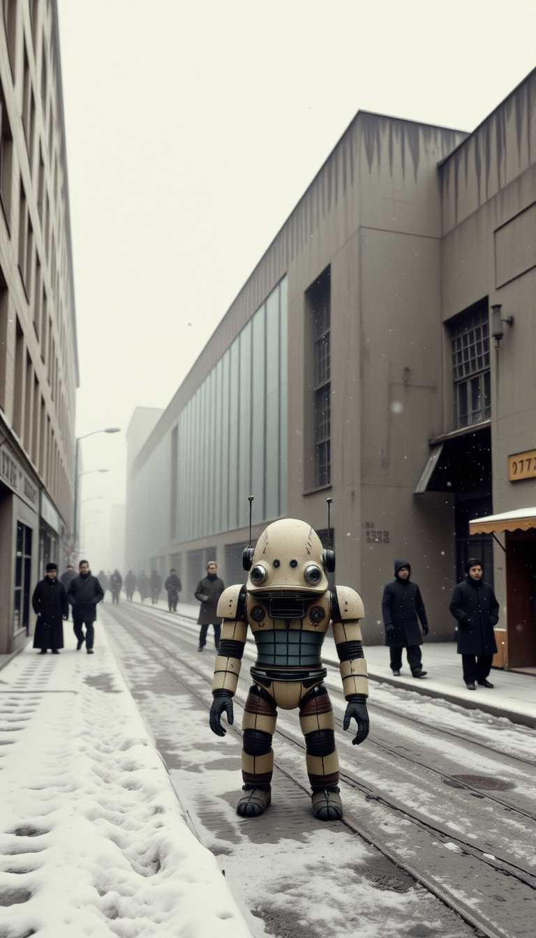 This 3d rendered image features simplified 3d robots and scenery that appears to be painted wooden figures. Monolitic concrete and zig-zag-glass made architecture, some people, dirty, brutalist at the street, brutalism, snow storm
