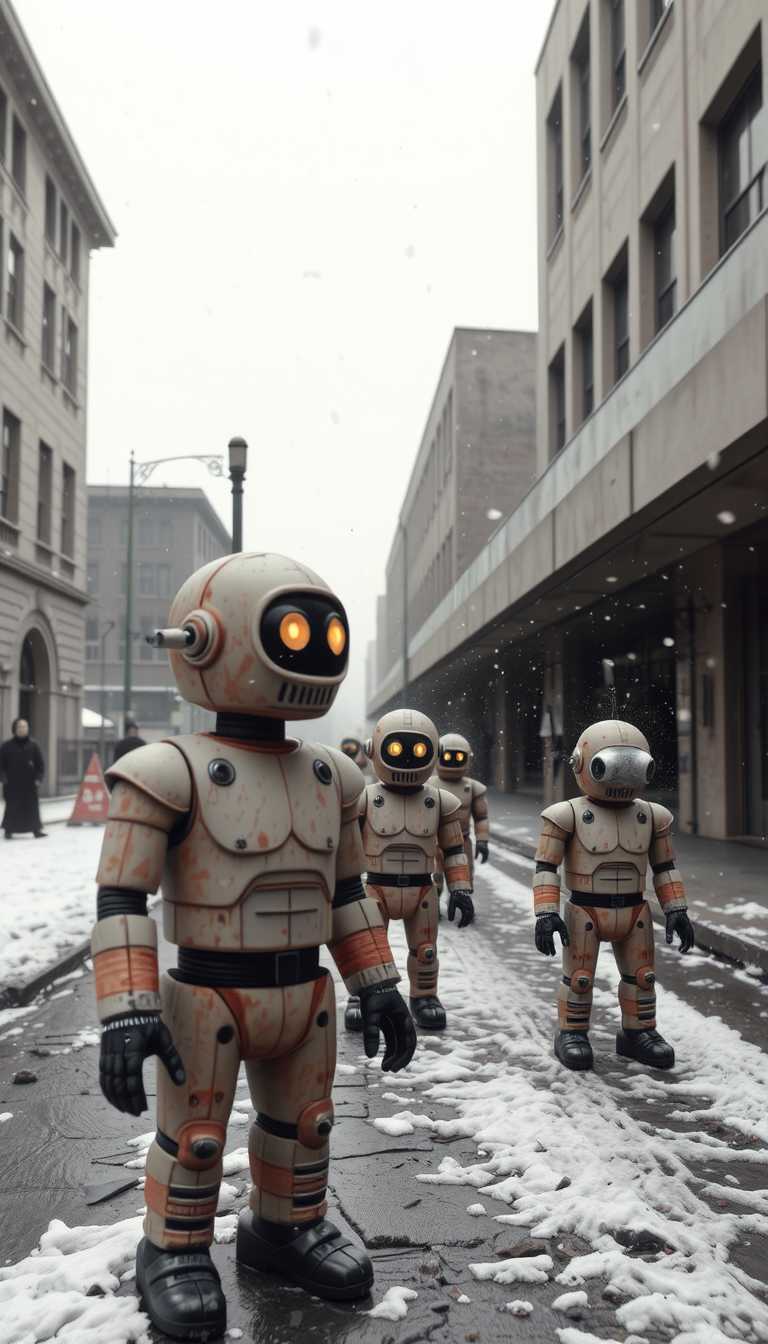This 3d rendered image features simplified 3d robots and scenery that appears to be painted wooden figures. Monolitic concrete and zig-zag-glass made architecture, some people, dirty, brutalist at the street, brutalism, snow storm