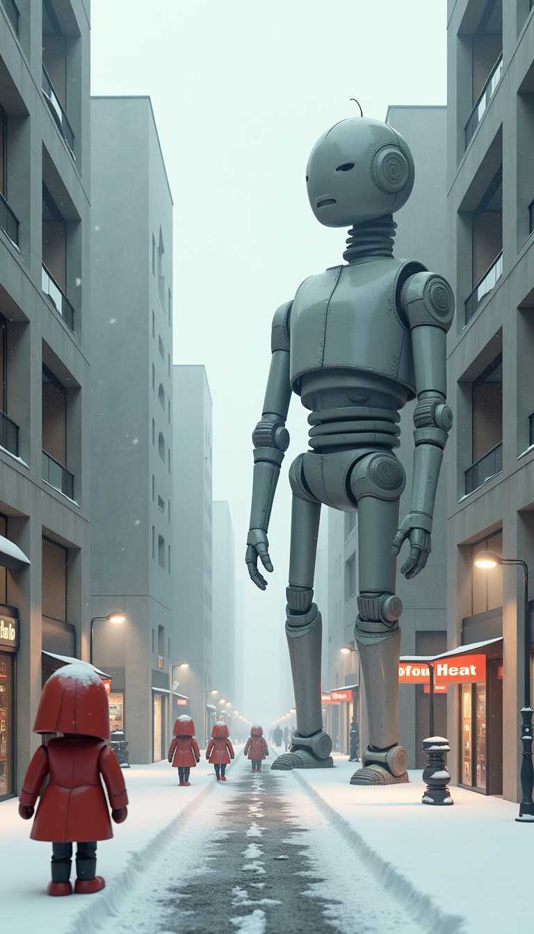 This 3d rendered image features simplified 3d robots and scenery that appears to be painted wooden figures. Monolitic concrete and zig-zag-glass made architecture, some people, dirty, brutalist at the street, brutalism, snow storm