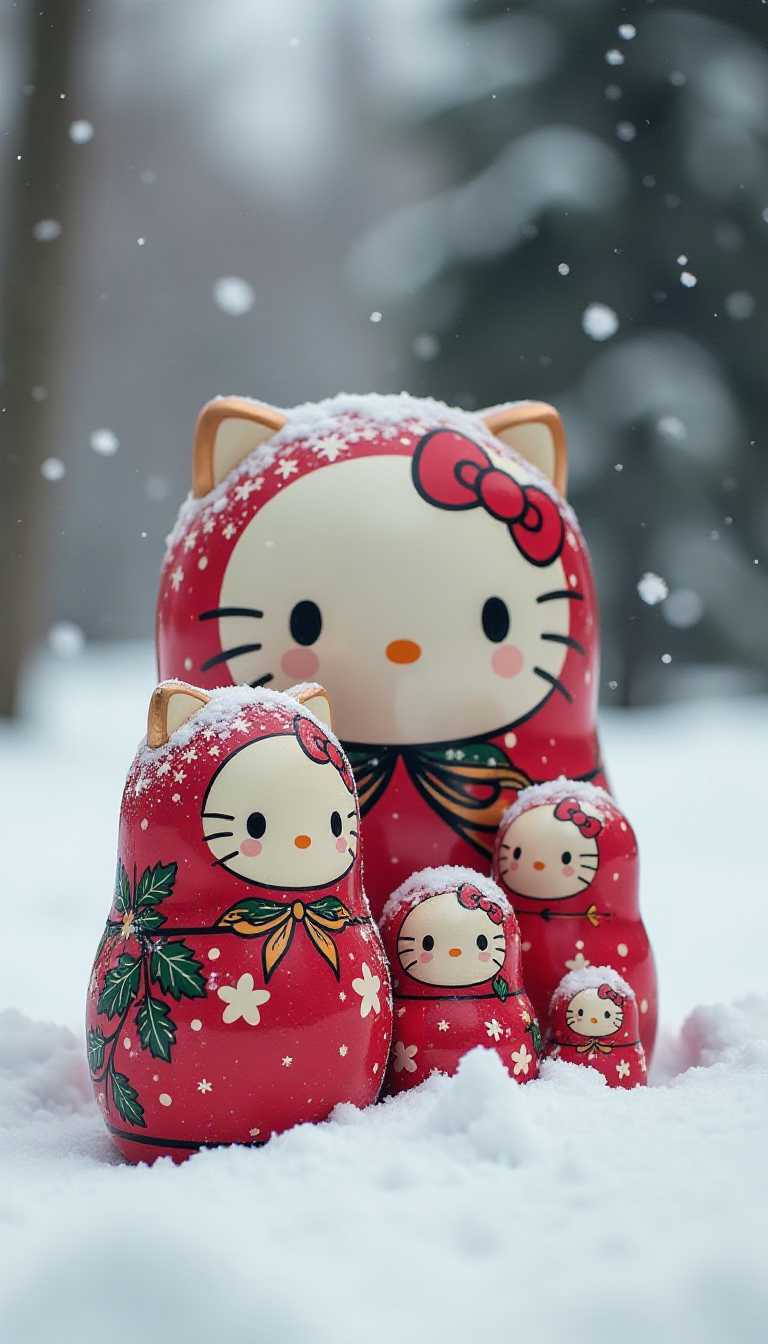 a small collection of hello kitty Matryoshka dolls in the snow, leningrad, 1981, 