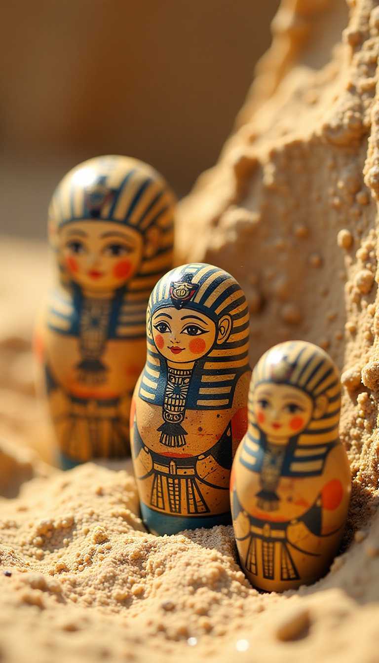 a small collection of Tutankhamun Matryoshka dolls in the sand, cairo, 1921, 