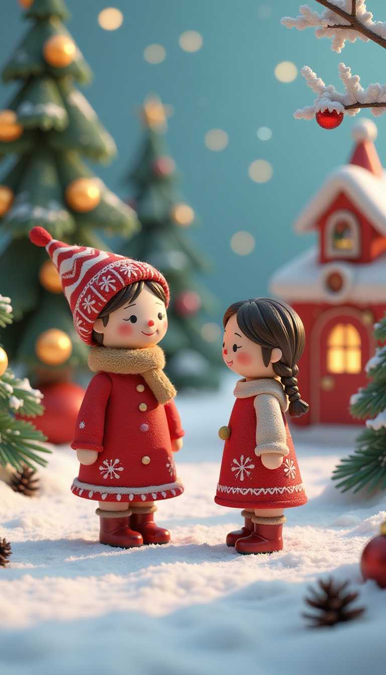 This 3d rendered image features simplified 3d characters and scenery that appears to be painted wooden figures. Russian New Year Atmosphere