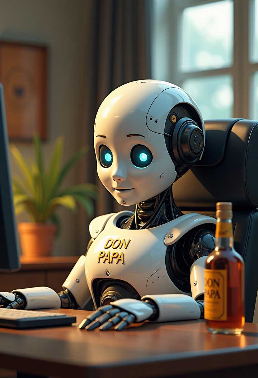 Robot at a Desk with a Bottle of Alcohol