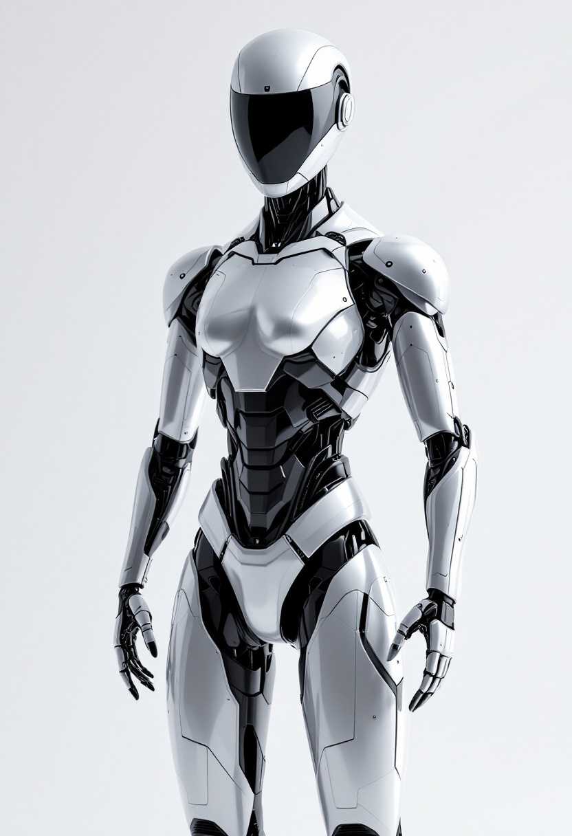 This image features a highly detailed and realistic depiction of a humanoid robot. The robot is standing with its arms at its sides, showcasing a sleek and futuristic design. The robots body is primarily composed of a silver and black color scheme, with subtle highlights and shadows that give it a threedimensional appearance.The robots head is a smooth, rounded shape with a reflective visor that covers the eyes, giving it a mysterious and advanced look. The visor is black, and it appears to be made of a material that could be glass or a similar substance, given the way it reflects light. The head is attached to a neck that is also part of the robots torso, which is slightly narrower at the waist, creating an hourglass shape.The torso of the robot is segmented into several parts, each with a distinct design. The upper torso has a series of angular plates that curve inward, giving it a muscular and powerful appearance. The lower torso is more streamlined, with a series of horizontal plates that taper towards the legs, providing a sense of movement and flexibility.The robots arms are designed with a combination of articulated joints and solid plates, allowing for a wide range of motion. The arms are also segmented, with each section having a different shape and texture, which adds to the overall complexity and realism of the design. The hands are particularly detailed, with fingers that are slightly curved and joints that can be seen, giving the robot a sense of dexterity.The robots legs are also segmented, with a series of plates and joints that allow for movement. The design of the legs is similar to the arms, with a combination of angular and smooth surfaces, and the color scheme is consistent throughout the robots body.The robot stands against a neutral background that fades from light to dark, which helps to emphasize the robots detailed design and gives the image a sense of depth. The lighting in the image is soft and even, with no harsh shadows or highlights, which contributes to the overall polished and professional look of the robot.Overall, the image is a testament to the advanced capabilities of robotic design and the potential for future advancements in artificial intelligence and humanoid robotics.