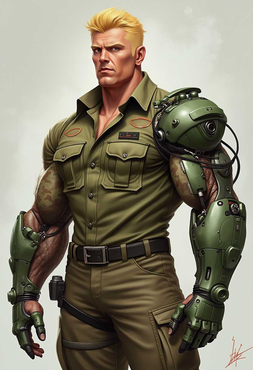 This image is a digital artwork that features a character with a striking cybernetic arm. The character has a muscular build, with a highly defined physique, and is wearing a militarystyle camouflage uniform. The uniform is a muted green with brown and black accents, and it has a utilitarian design with pockets and a belt.The cybernetic arm is the focal point of the image. It is a detailed mechanical structure with a military green color scheme, and it has various components that suggest advanced technology, such as wires, circuitry, and mechanical joints. The arm is articulated, and the fingers are designed to look like they could grip objects, indicating its functionality.The characters hair is a bright blonde, spiked and sticking straight up, which adds to the overall aggressive and powerful aesthetic of the figure.The art style is realistic with a touch of digital painting techniques, evident in the smooth blending of colors and the lifelike rendering of textures. The lighting in the image is soft and diffused, casting gentle shadows that give depth to the character and the uniform.The medium appears to be a digital painting software, given the clean lines and the absence of brush strokes. The colors are rich and saturated, with a focus on earthy tones that complement the military theme.Overall, the image conveys a sense of power, technology, and readiness, with a strong emphasis on the detailed rendering of the character and his cybernetic arm.