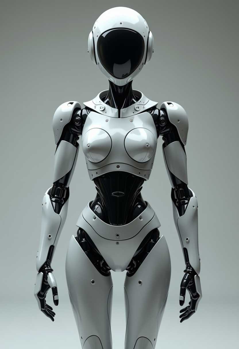 This image features a highly detailed and realistic depiction of a humanoid robot. The robot is standing with its arms at its sides, showcasing a sleek and futuristic design. The robots body is primarily composed of a silver and black color scheme, with subtle highlights and shadows that give it a threedimensional appearance.The robots head is a smooth, rounded shape with a reflective visor that covers the eyes, giving it a mysterious and advanced look. The visor is black, and it appears to be made of a material that could be glass or a similar substance, given the way it reflects light. The head is attached to a neck that is also part of the robots torso, which is slightly narrower at the waist, creating an hourglass shape.The torso of the robot is segmented into several parts, each with a distinct design. The upper torso has a series of angular plates that curve inward, giving it a muscular and powerful appearance. The lower torso is more streamlined, with a series of horizontal plates that taper towards the legs, providing a sense of movement and flexibility.The robots arms are designed with a combination of articulated joints and solid plates, allowing for a wide range of motion. The arms are also segmented, with each section having a different shape and texture, which adds to the overall complexity and realism of the design. The hands are particularly detailed, with fingers that are slightly curved and joints that can be seen, giving the robot a sense of dexterity.The robots legs are also segmented, with a series of plates and joints that allow for movement. The design of the legs is similar to the arms, with a combination of angular and smooth surfaces, and the color scheme is consistent throughout the robots body.The robot stands against a neutral background that fades from light to dark, which helps to emphasize the robots detailed design and gives the image a sense of depth. The lighting in the image is soft and even, with no harsh shadows or highlights, which contributes to the overall polished and professional look of the robot.Overall, the image is a testament to the advanced capabilities of robotic design and the potential for future advancements in artificial intelligence and humanoid robotics.