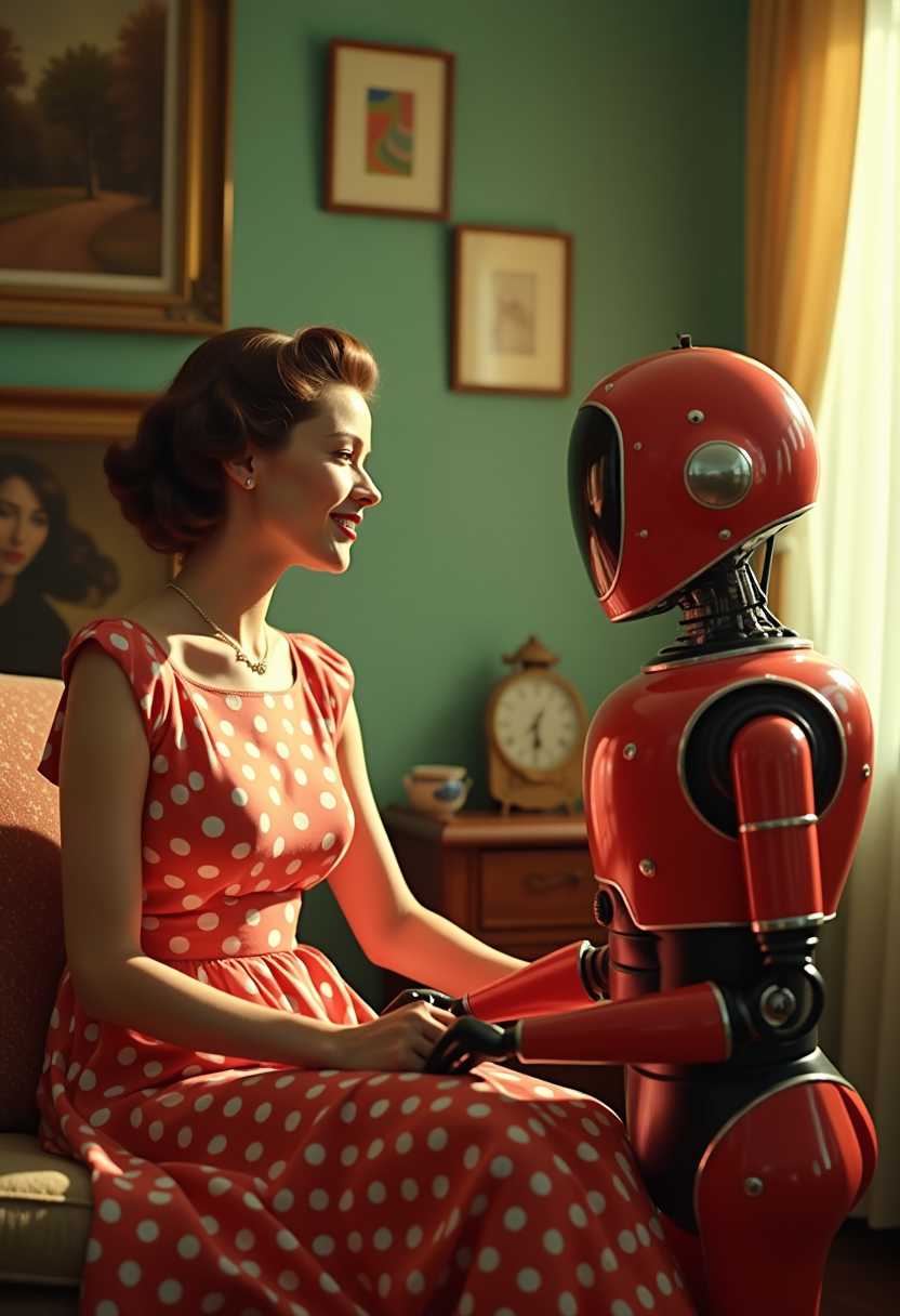 A high-quality, detailed scene inspired by 1950s Super Panavision 70 film: a woman in a vibrant, polka-dotted dress animatedly converses with a retro-futuristic robot. Saturated colors highlight the nostalgic, vintage living room, complete with mid-century décor. Soft, late-afternoon lighting casts a warm, golden hue over their expressive interaction, with the medium camera angle capturing both characters’ details and the intimate, balanced atmosphere.