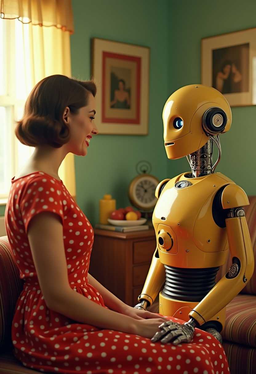 A high-quality, detailed scene inspired by 1950s Super Panavision 70 film: a woman in a vibrant, polka-dotted dress animatedly converses with a retro-futuristic robot. Saturated colors highlight the nostalgic, vintage living room, complete with mid-century décor. Soft, late-afternoon lighting casts a warm, golden hue over their expressive interaction, with the medium camera angle capturing both characters’ details and the intimate, balanced atmosphere.