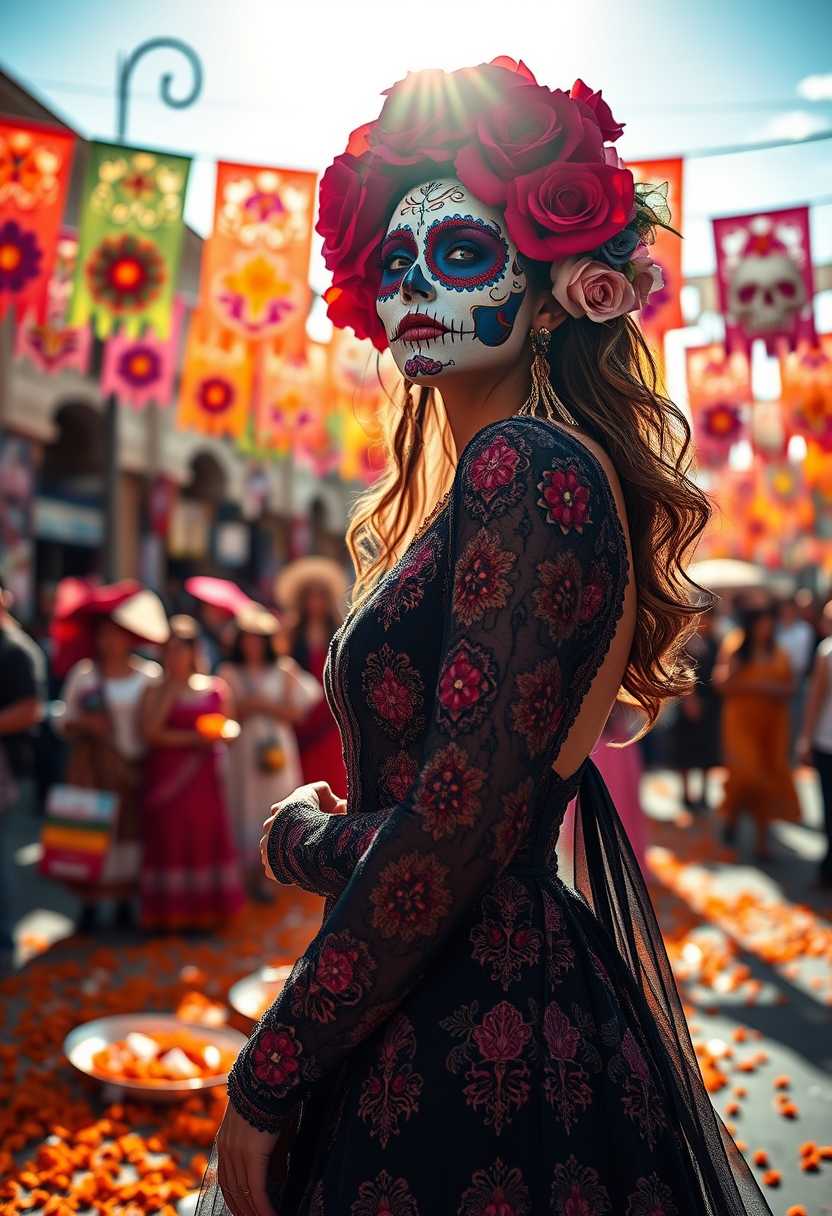 A stunning, statuesque woman adorned in a vibrant, opulent Day of the Dead costume. Her face is intricately painted with a traditional sugar skull makeup, featuring elaborate designs in hues of vibrant cobalt blue, rich crimson, and metallic gold. Her attire is an elegant gown, adorned with intricate lace patterns and colorful floral embroidery, reflecting the traditional Mexican aesthetic. The scene captures her from a low-angle perspective, accentuating her height and grace. The background is a bustling Día de los Muertos festival, with marigold petals scattered around and paper picado banners fluttering in the breeze. The atmosphere is lively and celebratory, under a bright, clear sky, with warm, golden sunlight casting a radiant glow, emphasizing the festive spirit. The photograph employs a bokeh effect to blur the vibrant, multicolored festival crowd in the background, drawing focus to the woman's striking appearance.