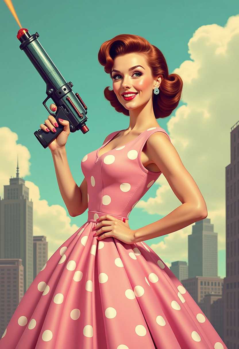 A confident 1950s woman holds a futuristic ray gun, dressed in a pastel polka-dot dress with a petticoat and victory roll hairstyle. With a bold smile, she strikes a heroic pose, aiming the sleek, neon-accented ray gun. The retro-futuristic cityscape and pastel sky enhance the adventurous, optimistic mood, capturing the vibrant, comic-book sci-fi style of the era.