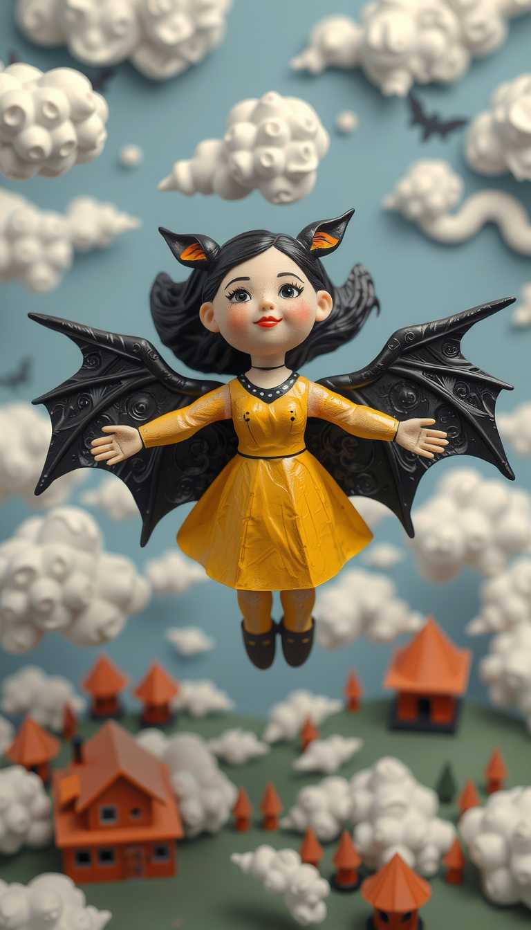 Whimsical Doll with Bat Wings and Orange Dress Floating in Cloudy Sky