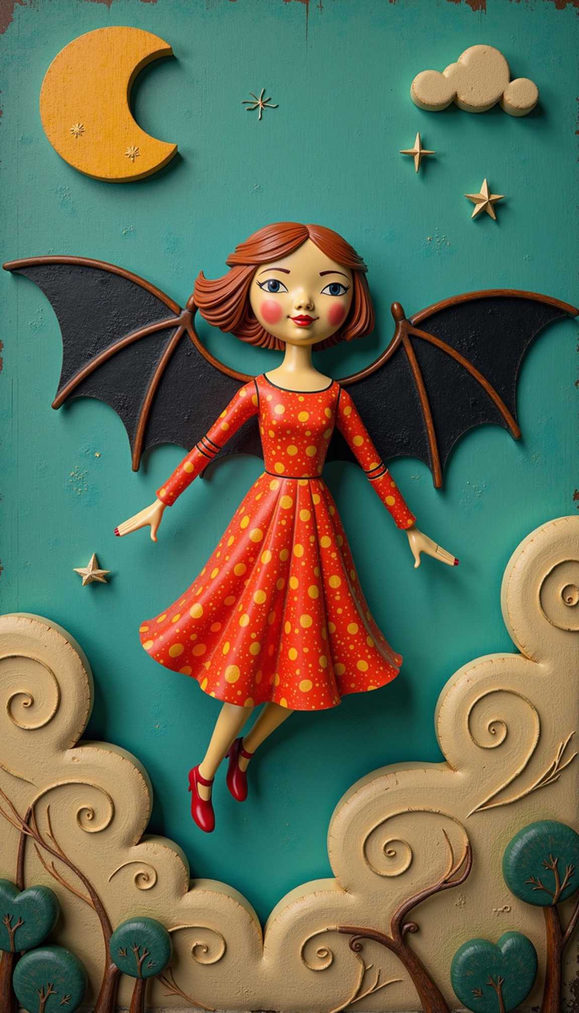 This image features simplified 3d characters and scenery that appear to be painted wooden figures.This iimage depicts a toy woman with batlike wings, soaring through a tumultuous sky. Naïve art, outsider art, razzle dazzle, Mish mash of art styles, funk art.