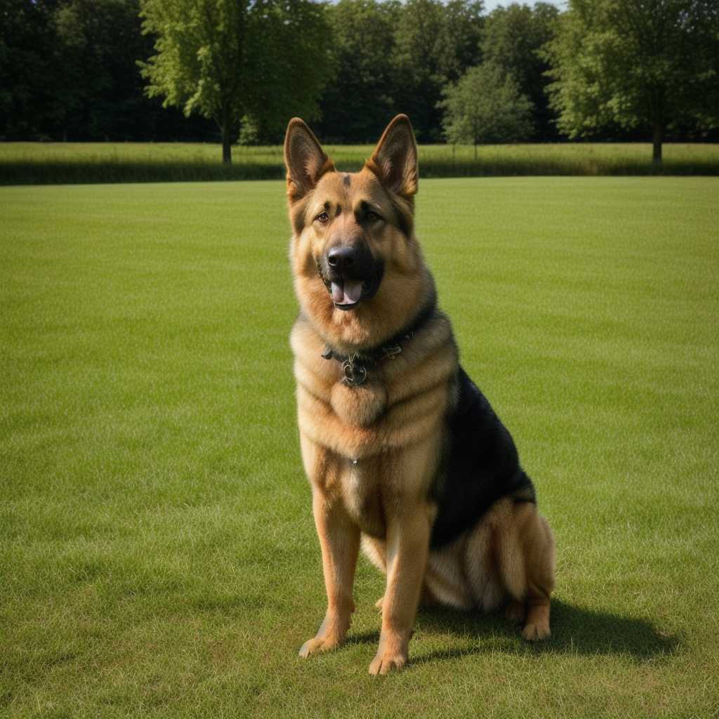A majestic German Shepherd standing on a lush green field, sunlight casting a warm glow on its coat, highlighting the intricate patterns of fur. The dog's alert eyes reflect intelligence and loyalty, with ears perked up, embodying strength and grace. Photorealistic style, captured in a mid-angle shot, emphasizing the dog's noble stature, set against a backdrop of a serene, clear blue