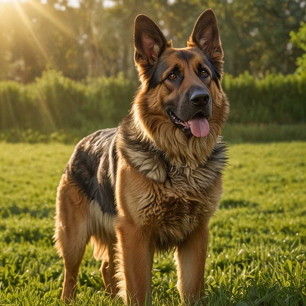 A majestic German Shepherd standing on a lush green field, sunlight casting a warm glow on its coat, highlighting the intricate patterns of fur. The dog's alert eyes reflect intelligence and loyalty, with ears perked up, embodying strength and grace. Photorealistic style, captured in a mid-angle shot, emphasizing the dog's noble stature, set against a backdrop of a serene, clear blue