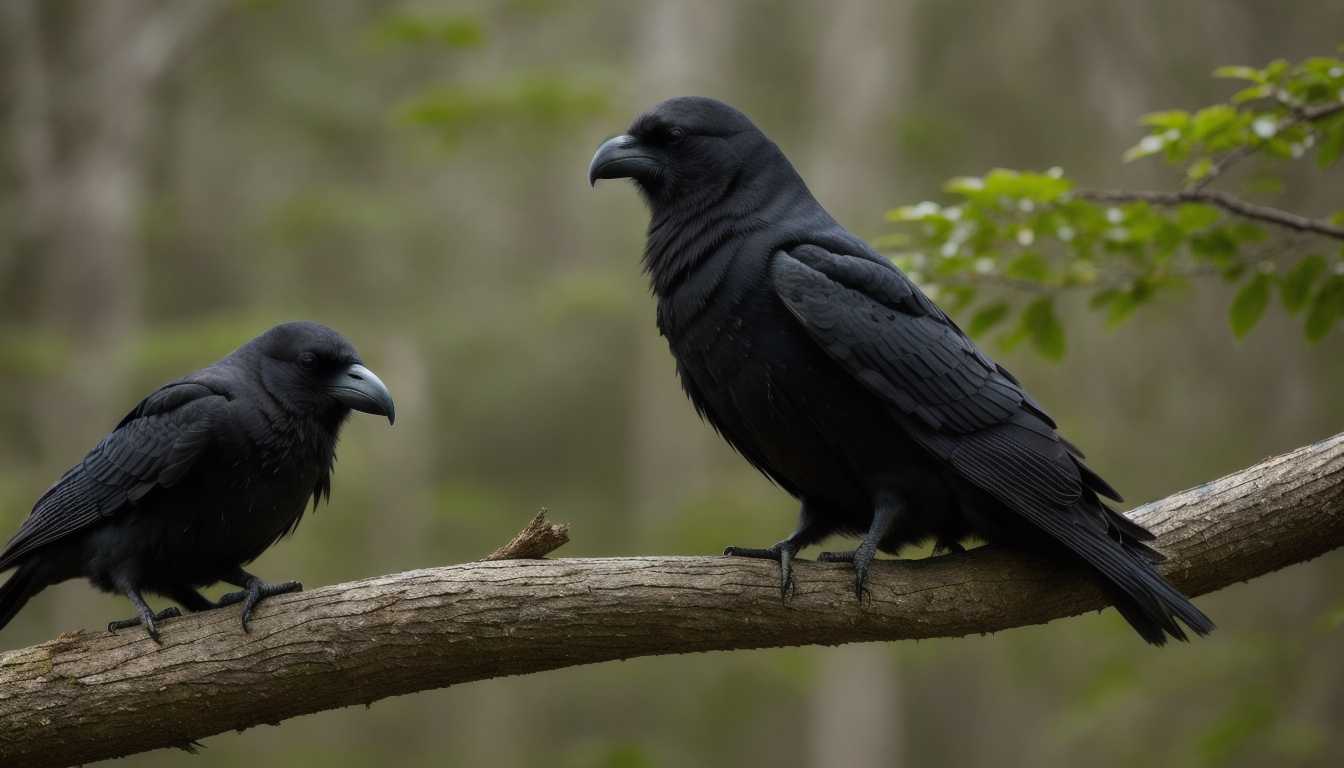 A finely detailed talking raven perched on a weathered wooden branch, its glossy black feathers shimmering under the soft, diffused light of a cloudy day. The raven's beak is slightly open, as if mid-speech, and its intelligent eyes reflect a deep understanding. Capture in realistic style, focusing on texture and the intricate play of shadows within a forest setting. The mood is mysterious