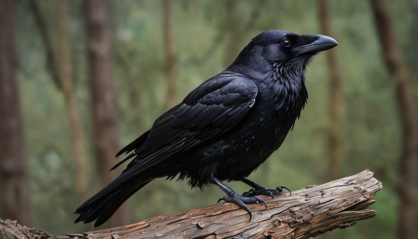 A finely detailed talking raven perched on a weathered wooden branch, its glossy black feathers shimmering under the soft, diffused light of a cloudy day. The raven's beak is slightly open, as if mid-speech, and its intelligent eyes reflect a deep understanding. Capture in realistic style, focusing on texture and the intricate play of shadows within a forest setting. The mood is mysterious