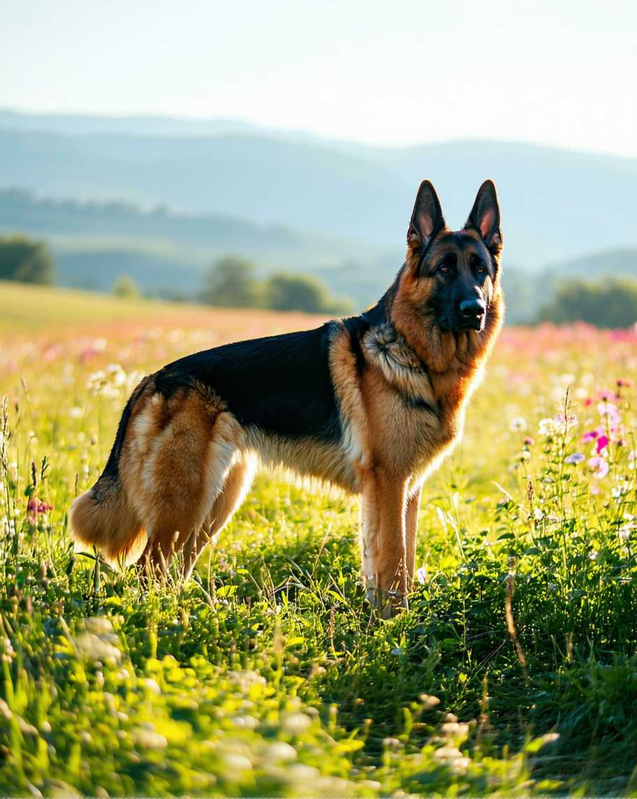 A majestic German Shepherd stands proudly in a lush, sunlit meadow, showcasing its sleek, well-defined muscles and thick, glossy coat. The sunlight filters through the tall grass, creating a warm, golden glow that highlights the dog's intelligent, alert eyes. Photographed from a low angle, the background features a soft-focus blend of colorful wildflowers and distant rolling hills under a clear blue sky. The atmosphere is serene and idyllic, evoking a sense of loyalty and strength. Capture this scene in a realistic, high-definition style, emphasizing the fine textures of the German Shepherd's fur and the vibrant colors of the natural surroundings.