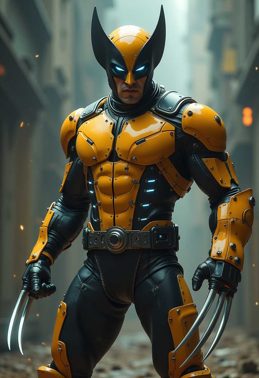 a photo of a BUG, very long metal sharp claws, Create realistic images of cyborg Wolverine in a futuristic yellow and black costume with a muscular and high-tech design. The costume includes metal and protective elements on the arms and chest. Long metal claws, Wolverine has long, sharp metal claws that come out of both hands. The background of the picture shows a dramatic atmosphere with the effect of light and flying particles. Wolverine stands in a heroic pose that shows readiness and alertness.