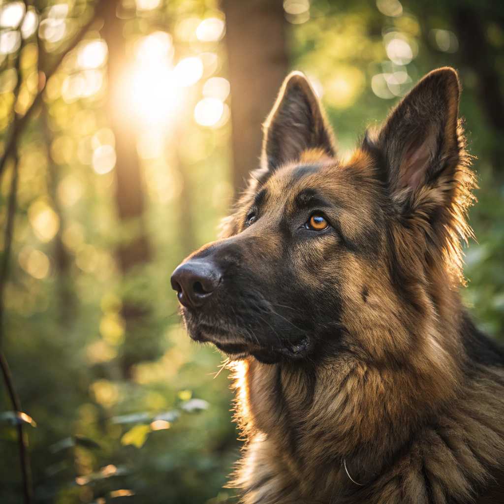 A detailed portrait of a majestic German Shepherd, captured in ultra-high definition. The dog's fur appears rich and textured, individual hairs glistening under soft, golden sunlight. Its intelligent eyes gaze directly at the viewer, full of trust and wisdom. The background is a lush, blurred forest scene with dappled sunlight filtering through the leaves, creating a serene and natural atmosphere. The image is styled in hyper-realistic detail, employing shallow depth of field and warm color grading to enhance the intimate connection with the subject. Framed at eye level, the composition centers the German Shepherd, showcasing its strong posture and sleek musculature. This setting evokes a peaceful, early morning environment, lending a sense of calm and tranquility to the scene.