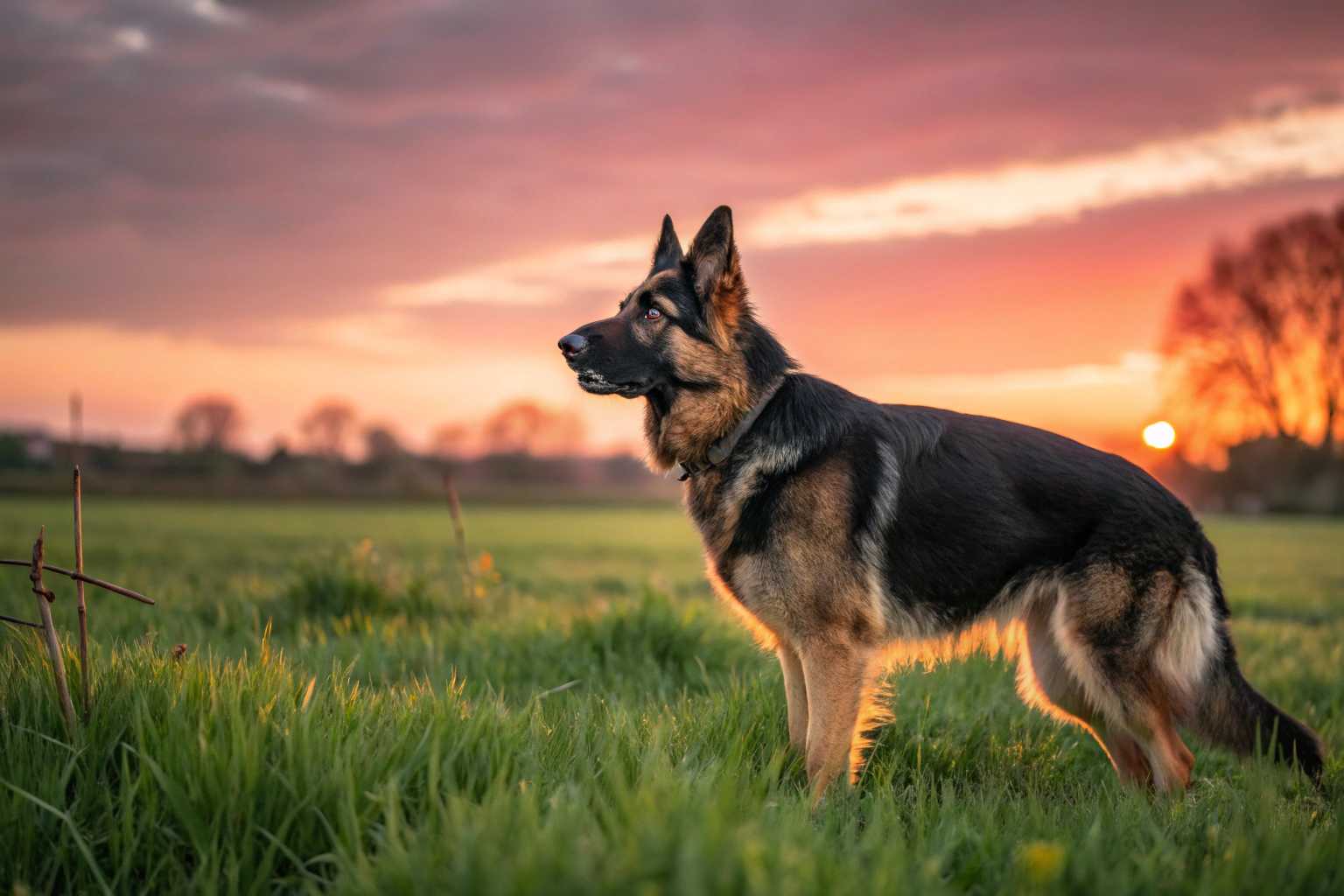 **Prompt**: Capture an elegant portrait of a German Shepherd standing proudly in a lush green meadow, bathed in the golden glow of the setting sun. The dog's fur showcases a rich tapestry of black and tan hues, each strand detailed under the soft, warm light. Photographed using a wide aperture to create a beautifully blurred bokeh background, accentuating the sharp features and keen eyes of the shepherd. The sky is a canvas of pink and orange, adding to the serene and majestic atmosphere. Style the image in a naturalistic, high-definition wildlife photography approach, focusing on the dog's alert stance and noble demeanor.