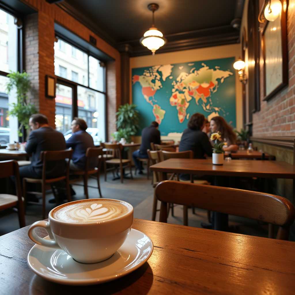 A cozy and bustling cafe scene, captured in a warm, inviting atmosphere. The centerpiece is a TOKALEMAP, an intricate fusion of textures and colors, designed in an avant-garde style. Its geometric patterns are a vibrant mix of deep blues, emerald greens, and hints of gold, softly illuminated by a series of pendant lights overhead. The cafe has a rustic charm, with wooden tables and chairs arranged invitingly, set against a backdrop of exposed brick walls. Framed by large windows, the natural light filters in, creating gentle reflections on the polished wooden floor. In the foreground, a steaming cup of latte rests on a table, with a delicate swirl of foam artfully decorating its surface. The scene is captured with a slightly wide-angle lens, emphasizing the cozy intimacy of the setting. Soft ambient music seems to fill the air, enhancing the relaxed yet lively mood of the space.