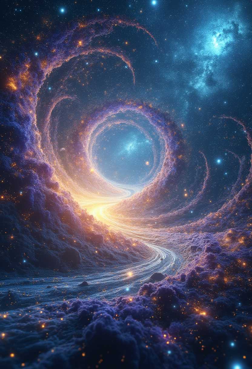 Title: "The Fabric of the Universe"

Description: Imagine a vast, cosmic tapestry, woven with threads of luminous stardust and ethereal cosmic particles. Each strand shimmers with vibrant hues of deep blues, radiant purples, and glimmers of gold, creating an intricate, interstellar mosaic. The universe's fabric is intricately detailed, resembling an endless expanse of swirling nebulae and star clusters that radiate a mesmerizing, celestial light.

Artistic Style: Futuristic Digital Art – Emphasize a sleek, ethereal aesthetic with smooth gradients and a touch of surrealism.

Composition: Center a swirling vortex of stars and cosmic patterns, stretching outwards to the edges of the image. The viewpoint is from a wide-angle lens perspective, capturing the infinite expanse of the universe in a single frame.

Mood and Atmosphere: Convey a sense of wonder and majesty, with a serene and tranquil undertone. It is set in the vastness of space, where time seems to stand still.

Technical Aspects: Use of luminous effects, high contrast, and intricate detail work to highlight the delicate weave of the universe’s fabric, with a focus on vibrant coloring and ethereal glow to capture the immensity and complexity of the cosmic expanse.