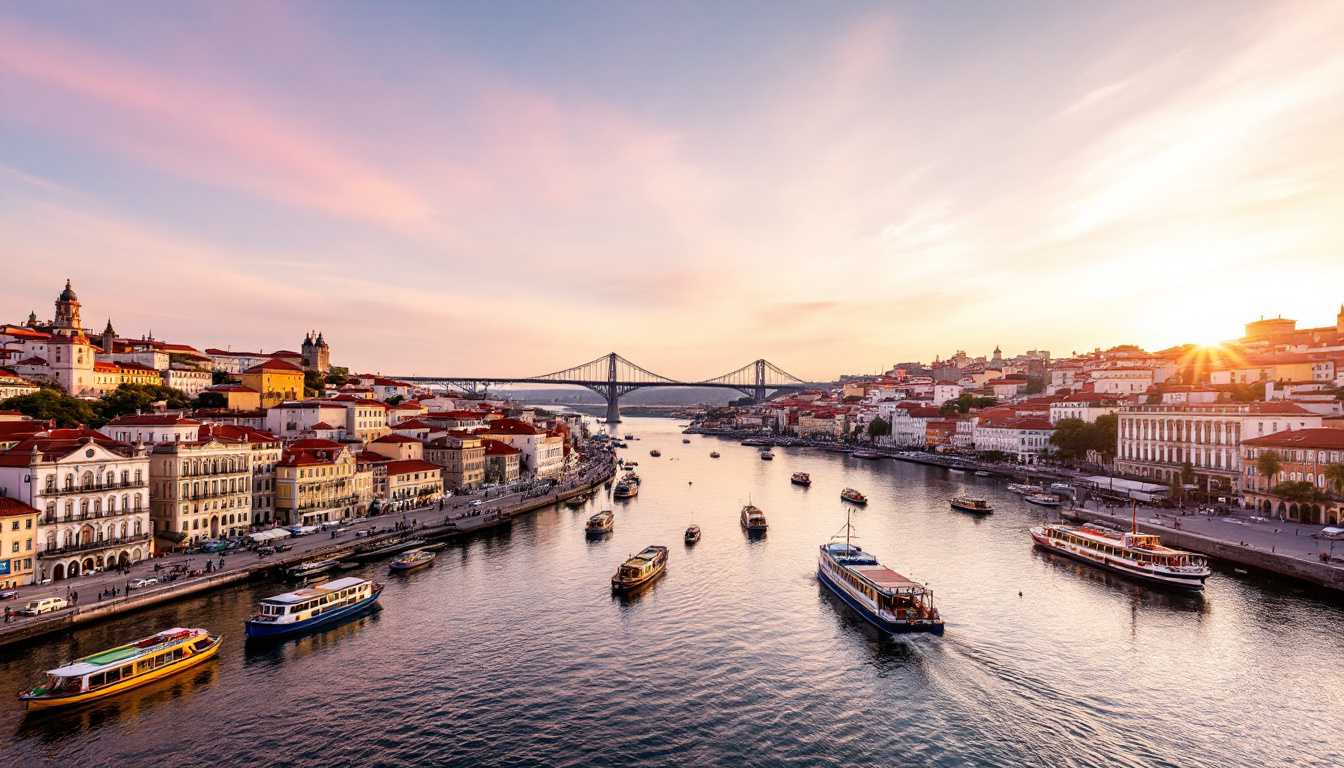 A picturesque scene of Porto, Portugal, captured during the golden hour, showcasing its historic architecture and vibrant riverfront. The iconic Dom Luís I Bridge spans across the Douro River in the background, casting long, dramatic shadows over the water. In the foreground, traditional rabelo boats float gently, their vibrant colors contrasting with the warm tones of the setting sun. The buildings lining the riverbank display a charming mix of baroque and neoclassical styles with terracotta rooftops. The sky is a canvas of pastel hues, transitioning from soft pinks to deep purples. The image is captured from a high vantage point, providing a panoramic view, with a slight wide-angle lens effect to emphasize depth. The atmosphere is serene and romantic, evoking a sense of nostalgia and timeless beauty.