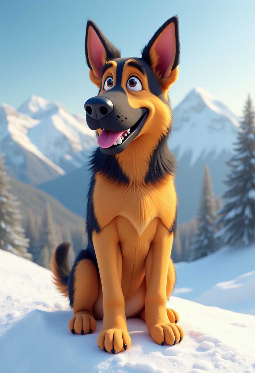 Specializing in custom lovely cartoon German Shepherd puppet design and fabrication, we create professional, one-of-a-kind characters for all your performance and production needs. Snowy mountain background. Turned sideways. Studio photo portrait.