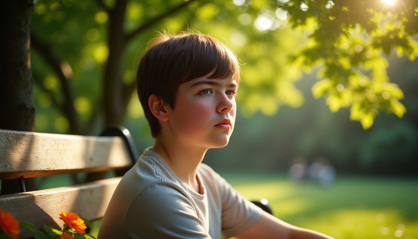 A candid photograph capturing Stan12, a young boy with black hair, hazel eyes, a sad expression, looking at camera lens, seated comfortably on a rustic wooden park bench. The setting is a scenic park on a warm summer day, with noon sunlight. Sunlight filters through the lush green leaves of nearby trees, creating dappled patterns on the grass and Stan12's sad face. The camera is positioned at eye level, slightly angled to the right, providing an intimate view of Stan12 enjoying the peaceful ambiance. The composition includes vibrant flowers in the background and a gentle breeze rustling through the foliage, enhancing the carefree, serene atmosphere. The overall mood is one of warmth, relaxation, and quintessential summer bliss.